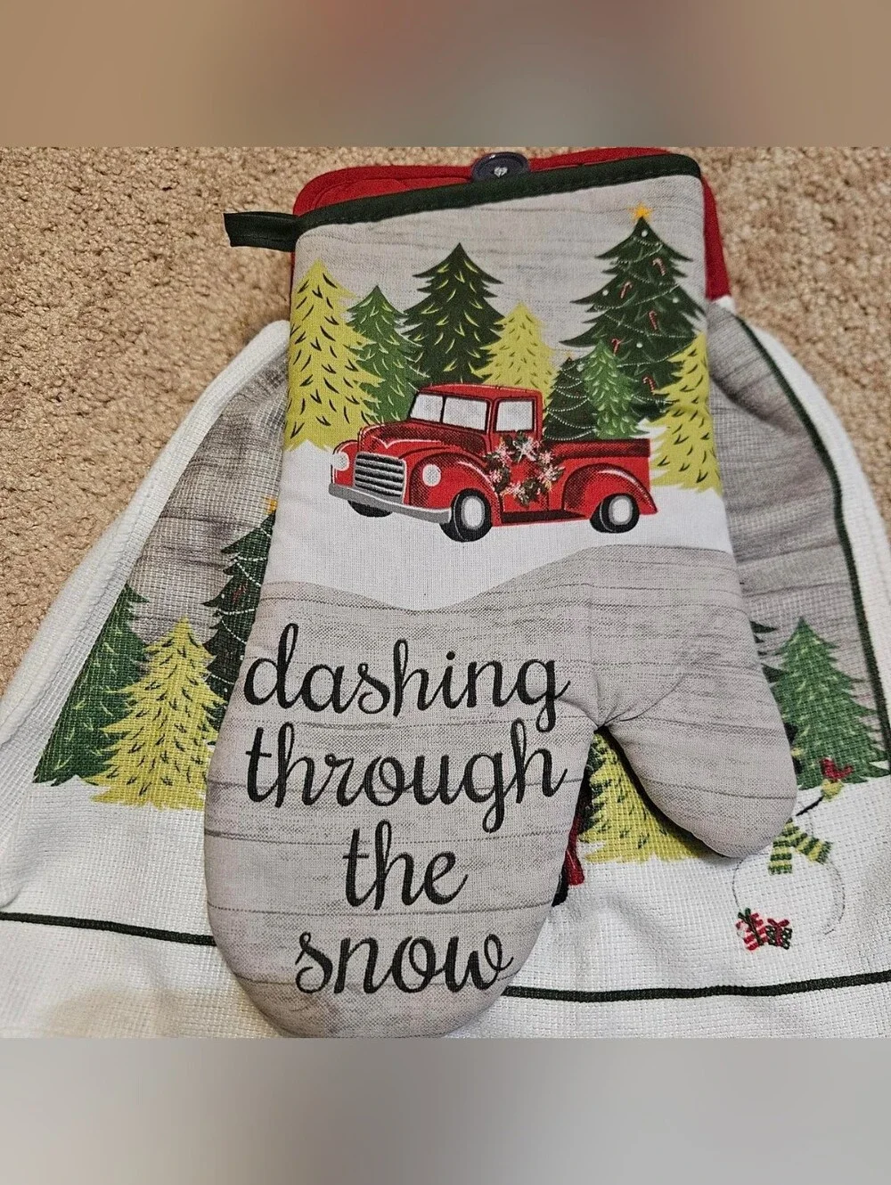 2 Handcrafted Towels Attached To Potholders | Red | Christmas